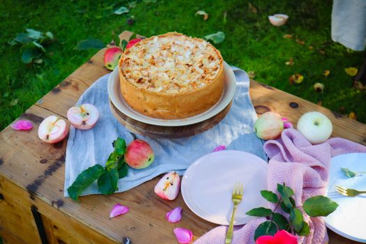 Crumble cake sur une table en bois, entouré de pommes et de pétales de rose, dans un cadre naturel.